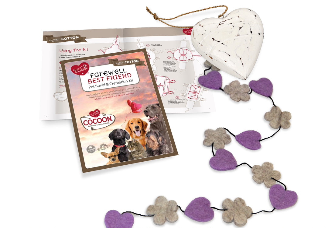 Sweet Goodbye COCOON® Eco-friendly Soft Pet Casket - Burial & Cremation Ceremony Kit (Classic Cotton) | WHITE/LAVENDER